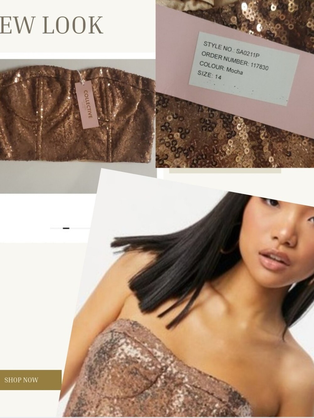 NWT Collective Sequin Strapless Bustier Tube Top Mocha Sequin Size 14 Petite